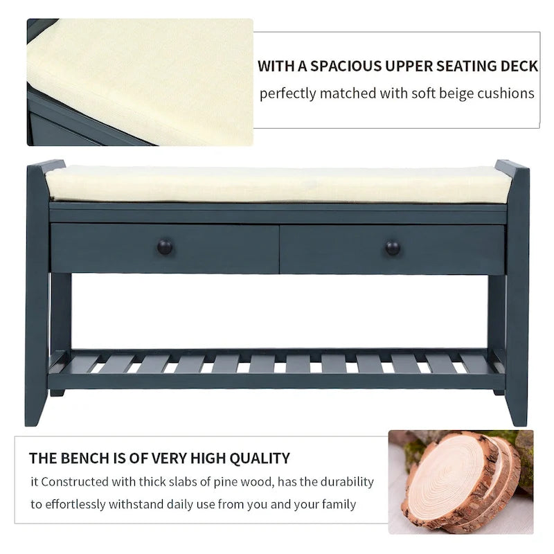 39 Solid Wood Shoe Rack with Cushioned Seat & Drawers, Multipurpose Storage Bench Entryway Ottoman for Living Room,Hallway