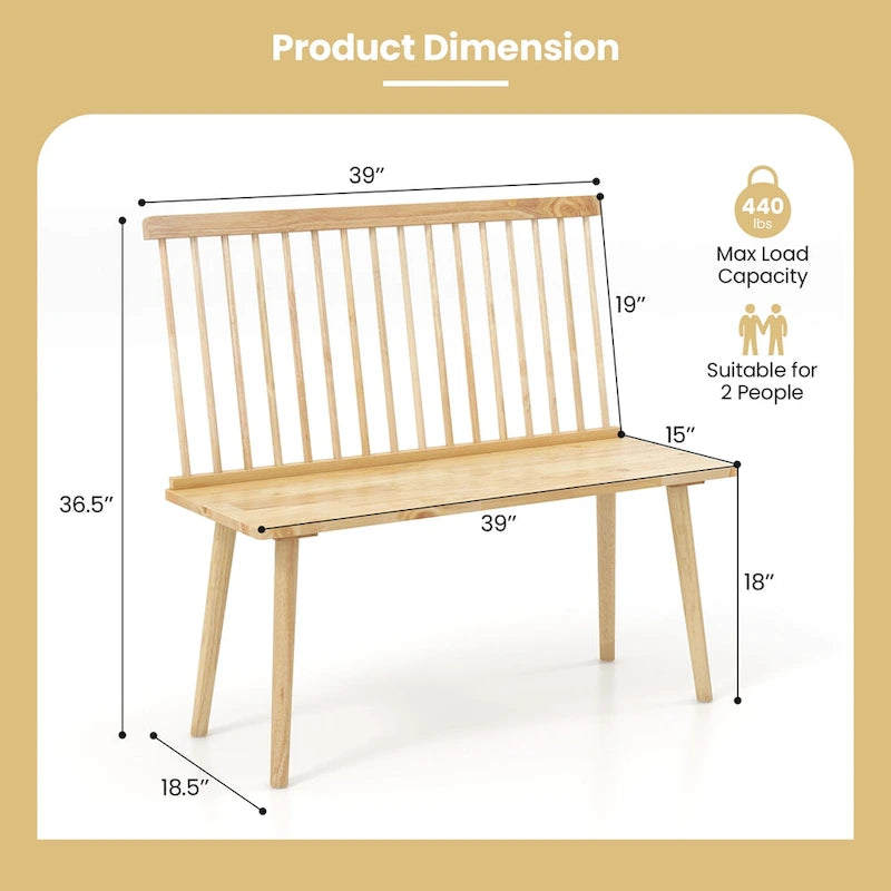 Costway Entryway Bench for 2 Windsor Rubber Wood Dining Bench with - See Details