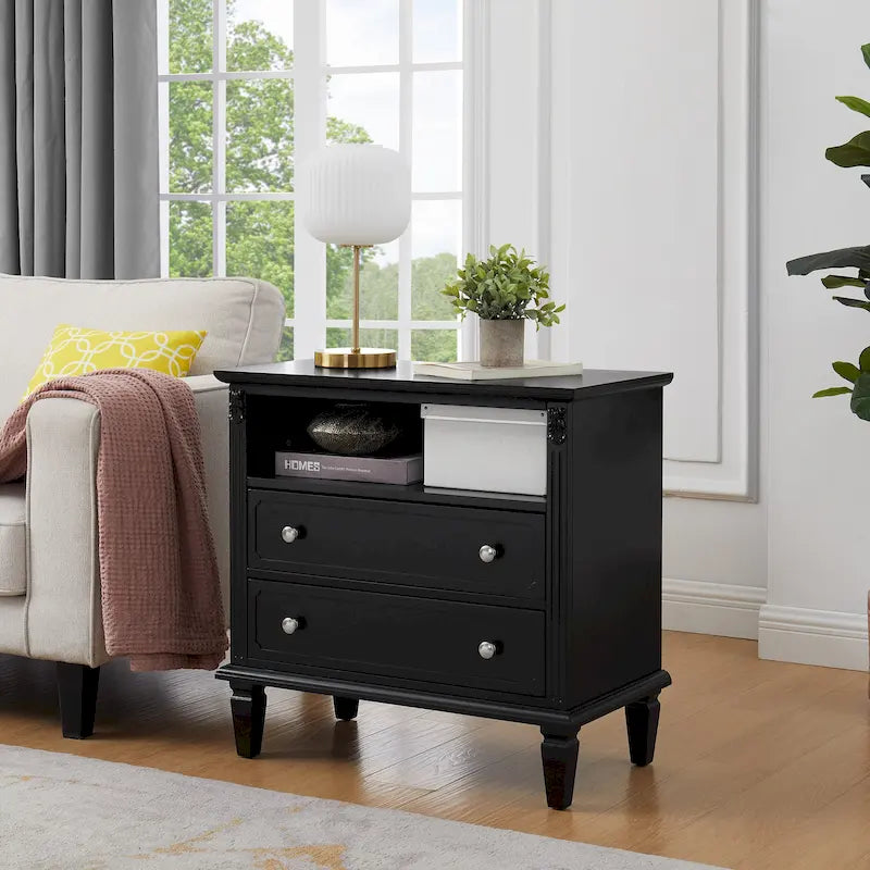 Open Space and 2 Drawers Dresser Nightstand with Charging Station, Farmhouse End Table with USB Ports and Outlets for Bedroom