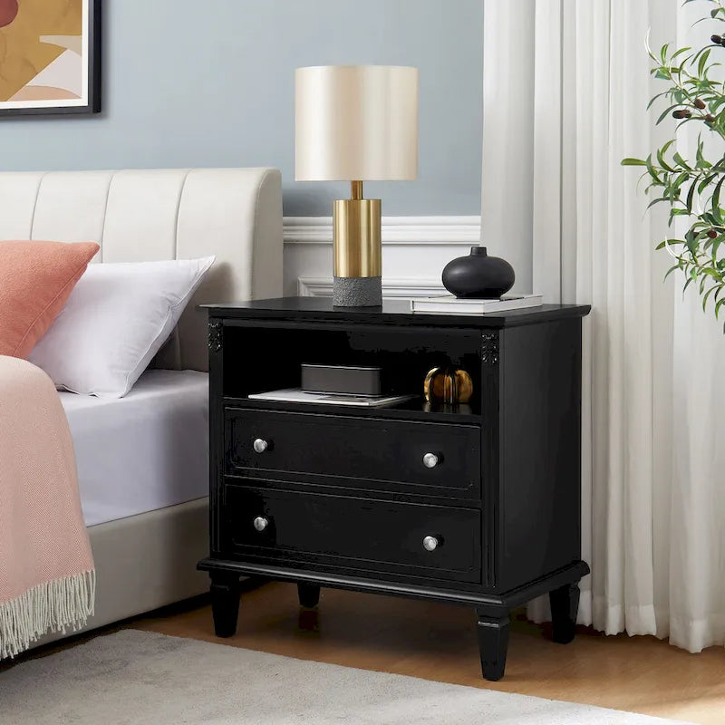 Open Space and 2 Drawers Dresser Nightstand with Charging Station, Farmhouse End Table with USB Ports and Outlets for Bedroom