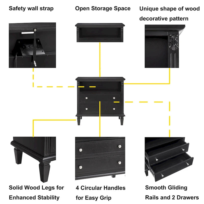 Open Space and 2 Drawers Dresser Nightstand with Charging Station, Farmhouse End Table with USB Ports and Outlets for Bedroom