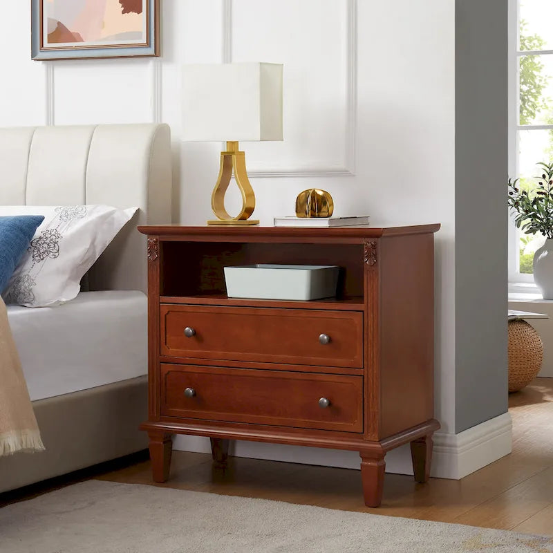 Open Space and 2 Drawers Dresser Nightstand with Charging Station, Farmhouse End Table with USB Ports and Outlets for Bedroom