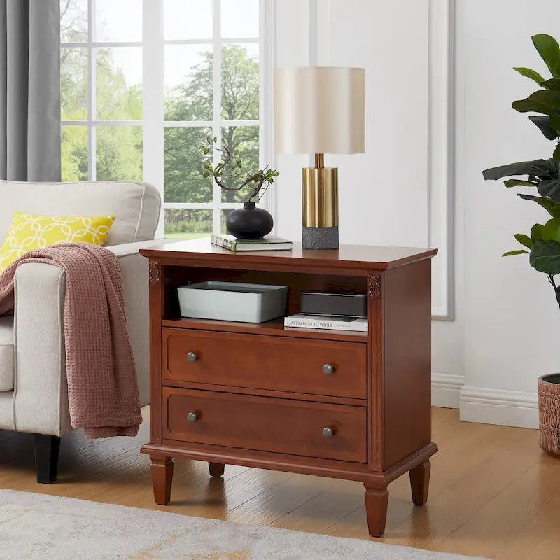 Open Space and 2 Drawers Dresser Nightstand with Charging Station, Farmhouse End Table with USB Ports and Outlets for Bedroom