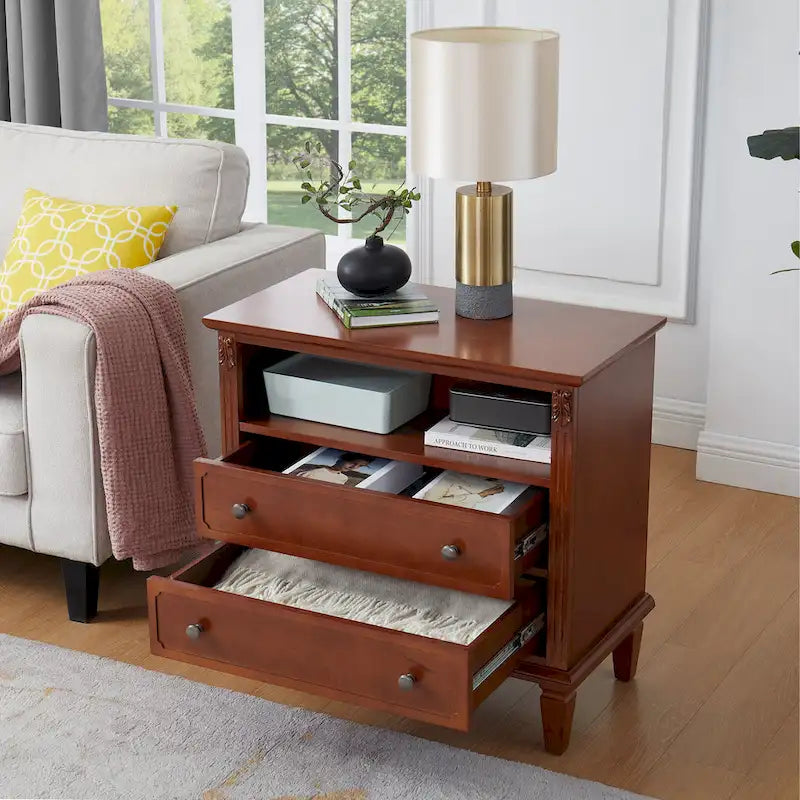 Open Space and 2 Drawers Dresser Nightstand with Charging Station, Farmhouse End Table with USB Ports and Outlets for Bedroom