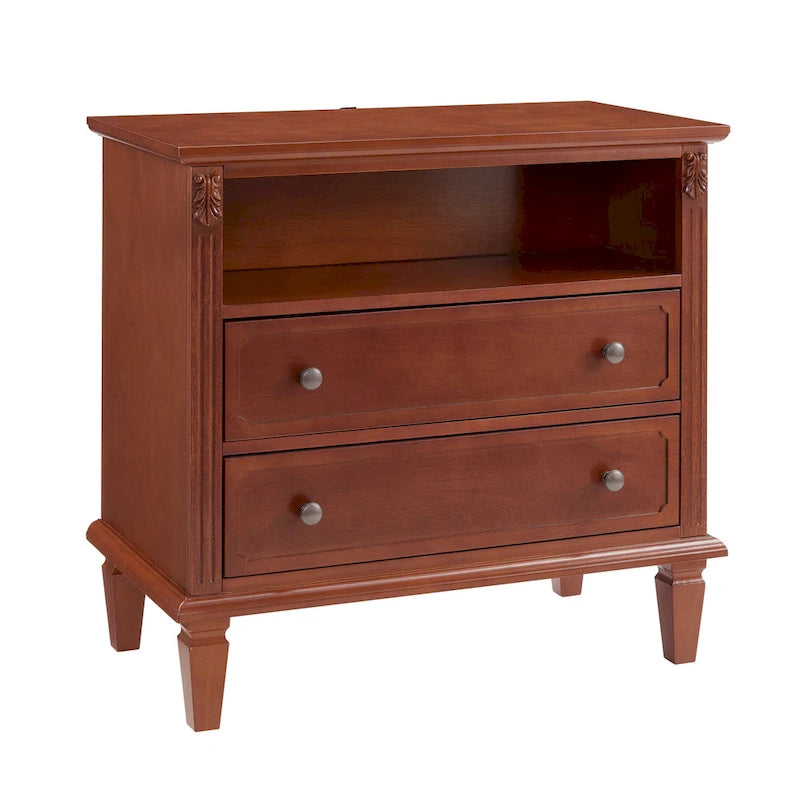 Open Space and 2 Drawers Dresser Nightstand with Charging Station, Farmhouse End Table with USB Ports and Outlets for Bedroom