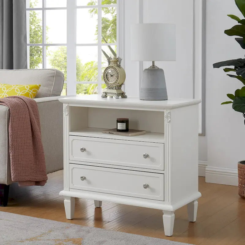 Open Space and 2 Drawers Dresser Nightstand with Charging Station, Farmhouse End Table with USB Ports and Outlets for Bedroom