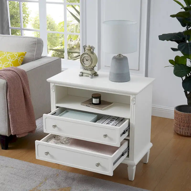 Open Space and 2 Drawers Dresser Nightstand with Charging Station, Farmhouse End Table with USB Ports and Outlets for Bedroom