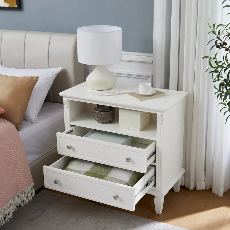 Open Space and 2 Drawers Dresser Nightstand with Charging Station, Farmhouse End Table with USB Ports and Outlets for Bedroom
