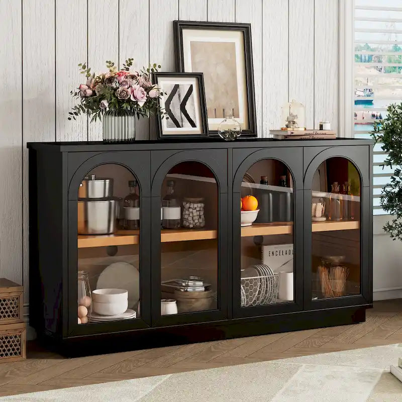 4-Door Large Storage Buffet Cabinet with Arched Glass Doors & Adjustable Shelves