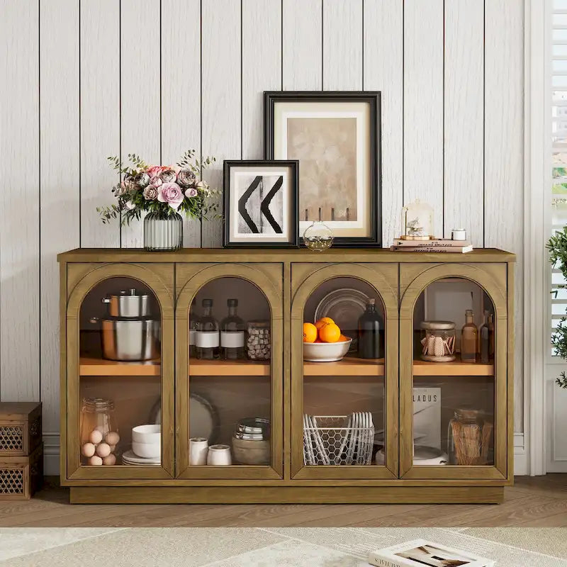 4-Door Large Storage Buffet Cabinet with Arched Glass Doors & Adjustable Shelves