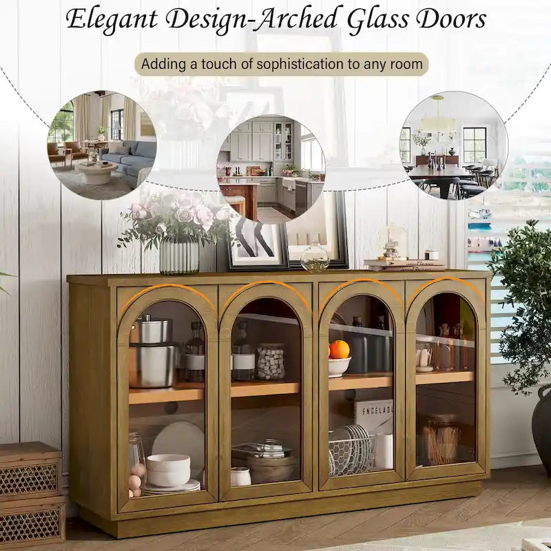 4-Door Large Storage Buffet Cabinet with Arched Glass Doors & Adjustable Shelves