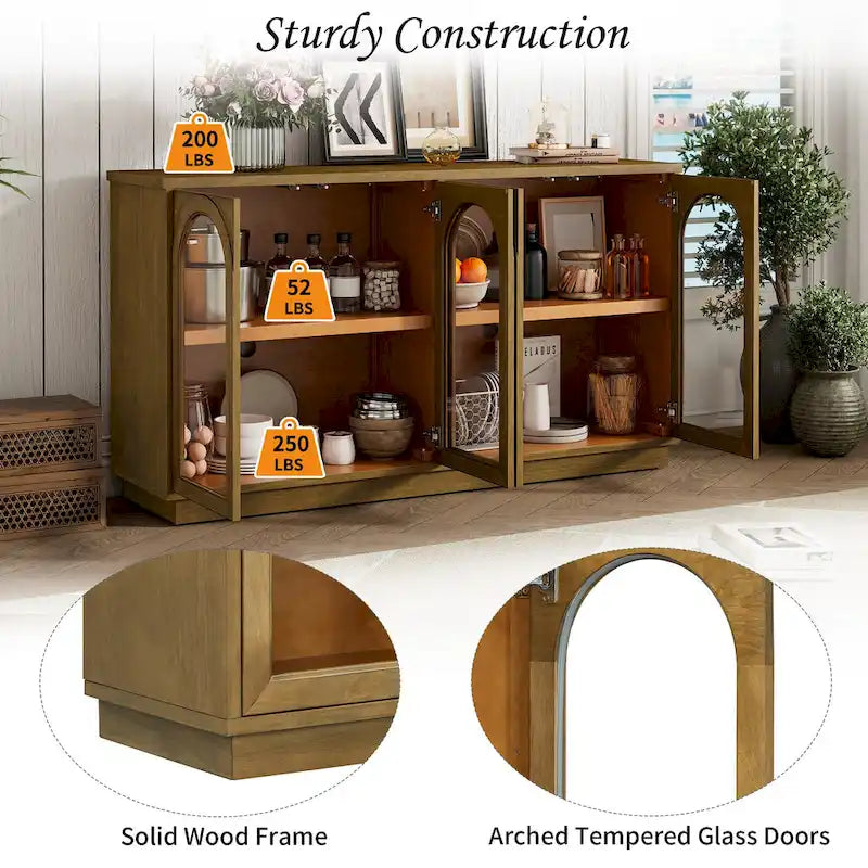 4-Door Large Storage Buffet Cabinet with Arched Glass Doors & Adjustable Shelves
