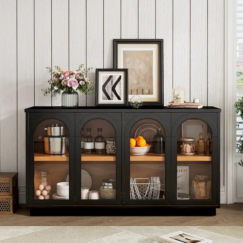 4-Door Large Storage Buffet Cabinet with Arched Glass Doors & Adjustable Shelves