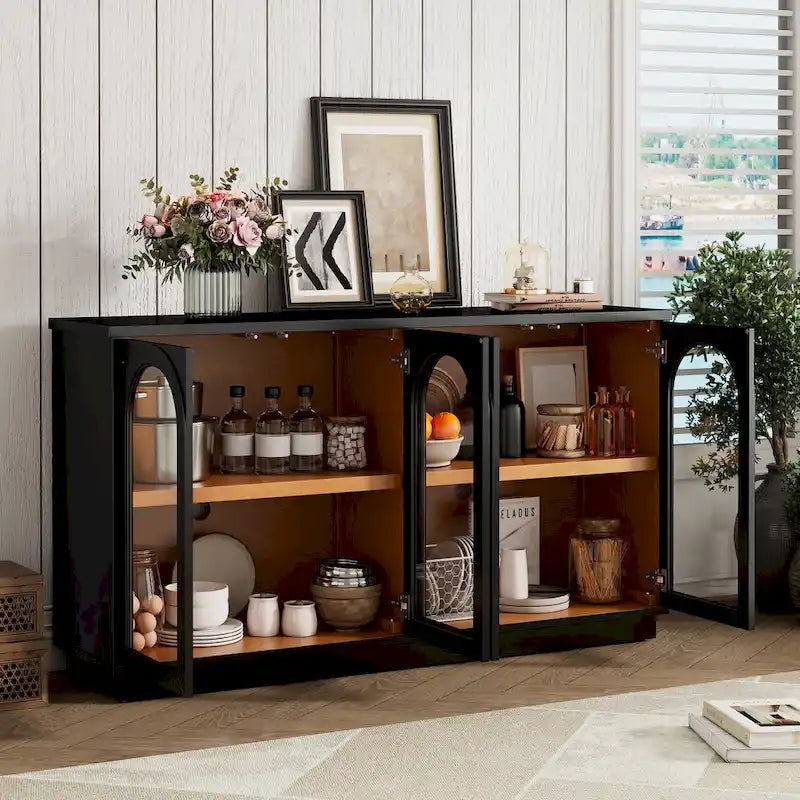 4-Door Large Storage Buffet Cabinet with Arched Glass Doors & Adjustable Shelves