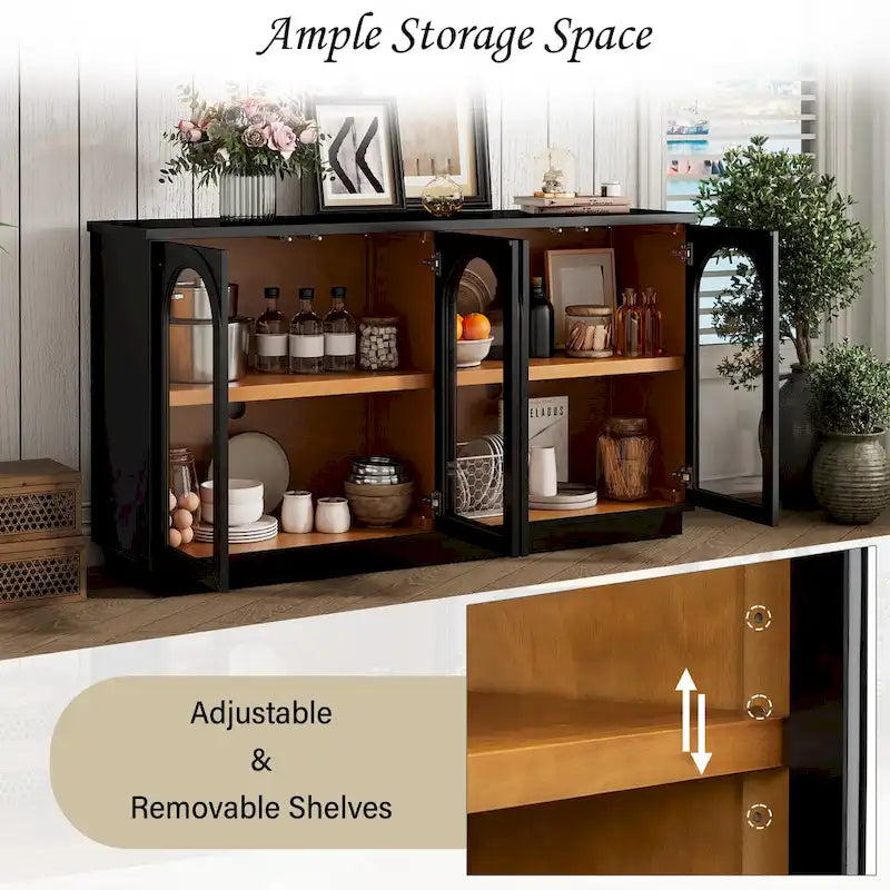 4-Door Large Storage Buffet Cabinet with Arched Glass Doors & Adjustable Shelves