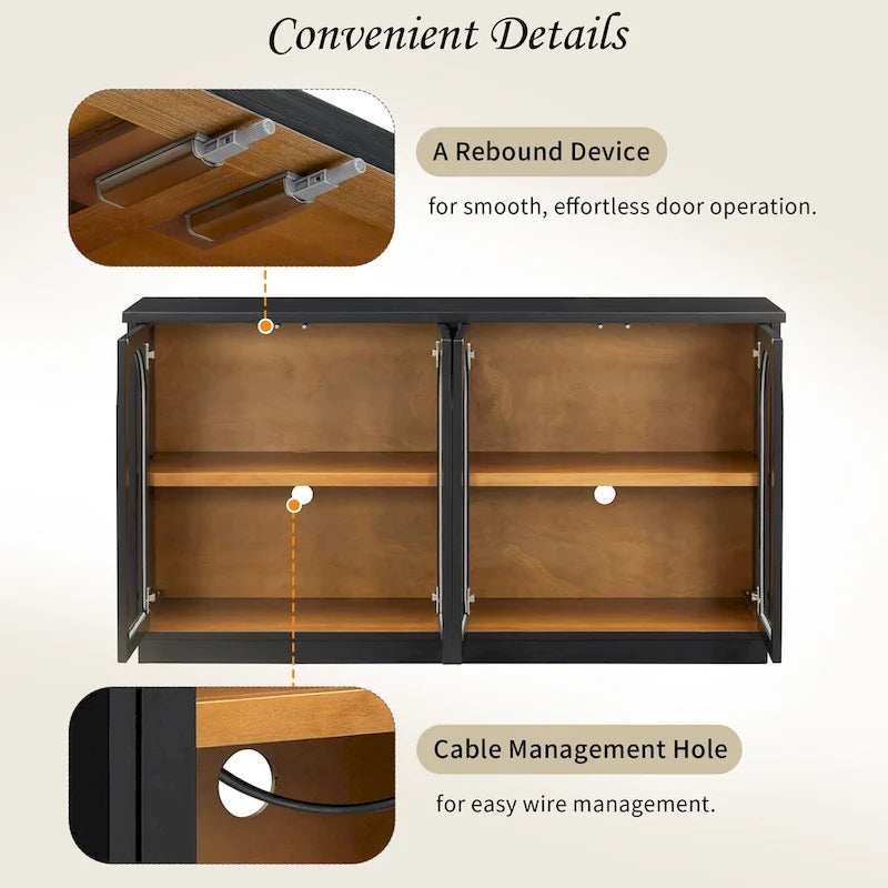 4-Door Large Storage Buffet Cabinet with Arched Glass Doors & Adjustable Shelves