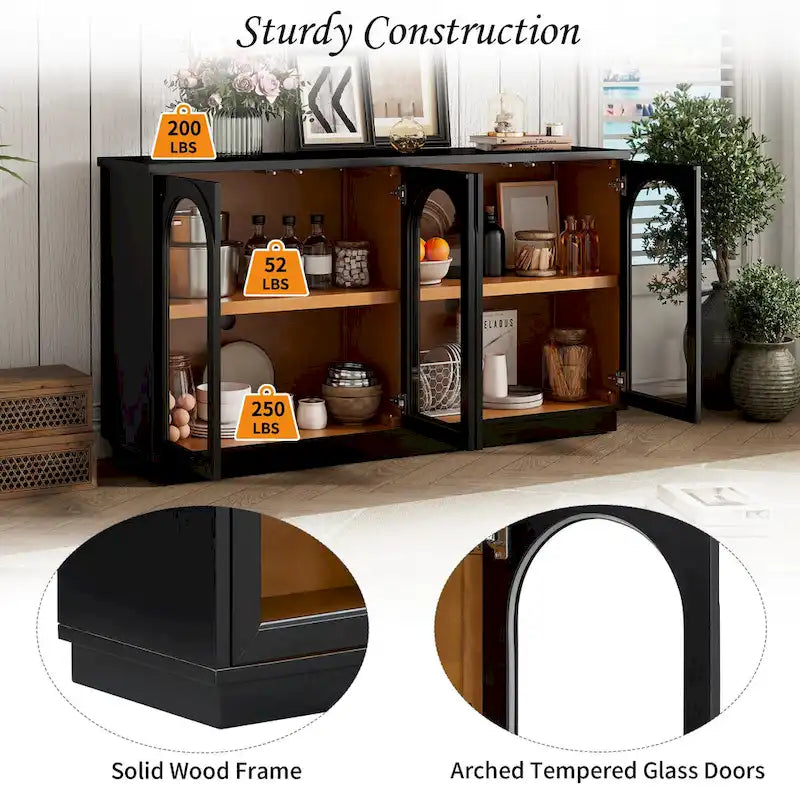 4-Door Large Storage Buffet Cabinet with Arched Glass Doors & Adjustable Shelves