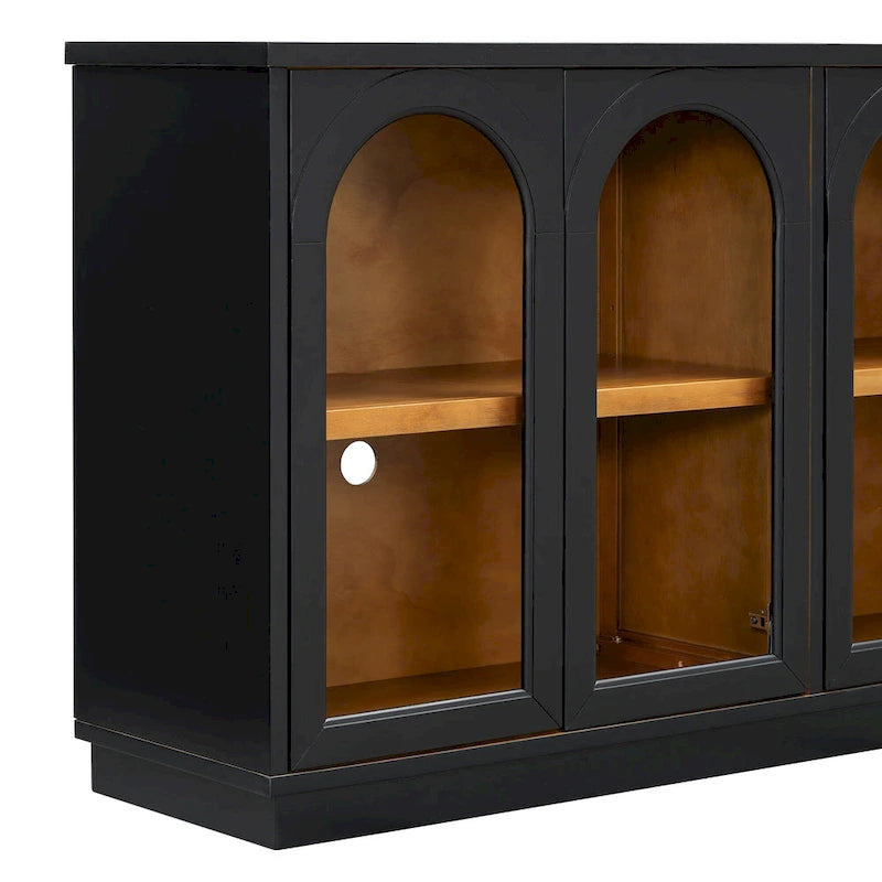 4-Door Large Storage Buffet Cabinet with Arched Glass Doors & Adjustable Shelves