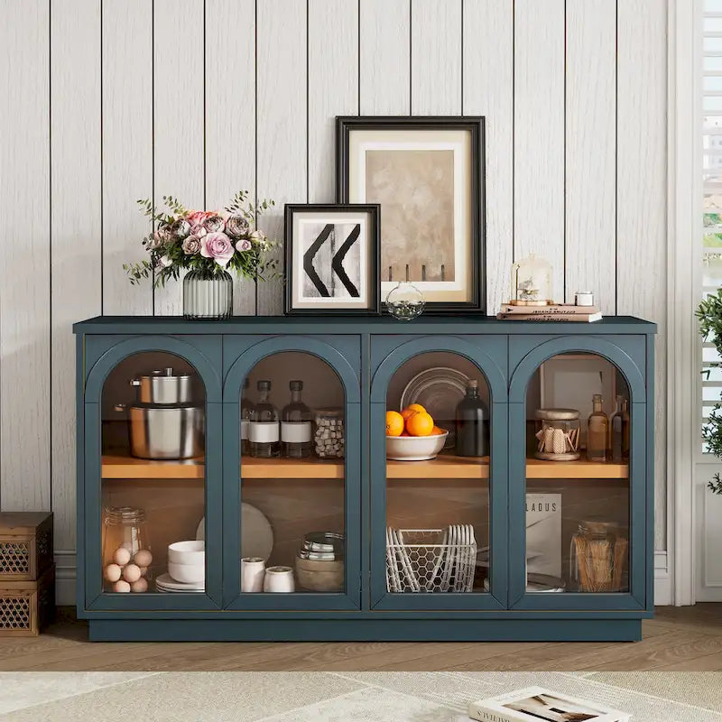 4-Door Large Storage Buffet Cabinet with Arched Glass Doors & Adjustable Shelves