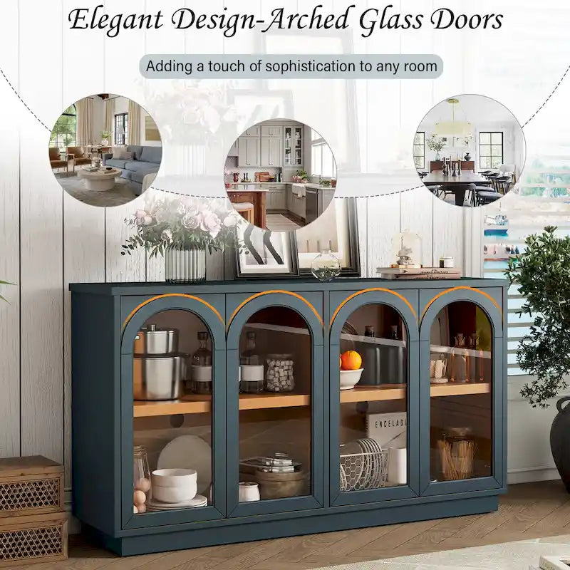4-Door Large Storage Buffet Cabinet with Arched Glass Doors & Adjustable Shelves