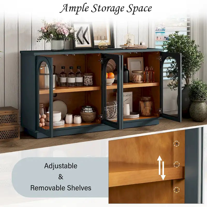 4-Door Large Storage Buffet Cabinet with Arched Glass Doors & Adjustable Shelves
