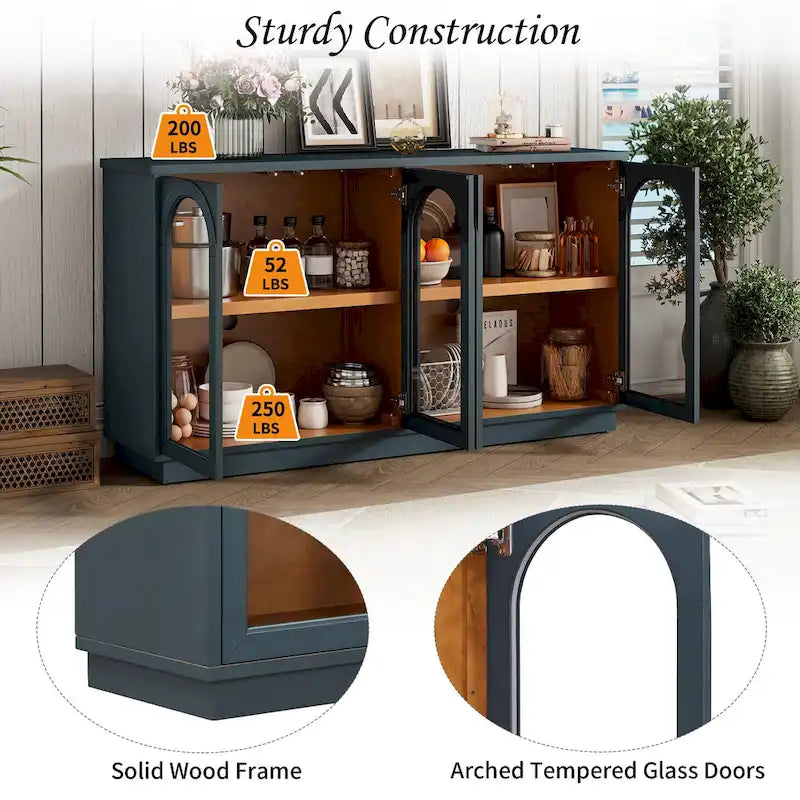 4-Door Large Storage Buffet Cabinet with Arched Glass Doors & Adjustable Shelves