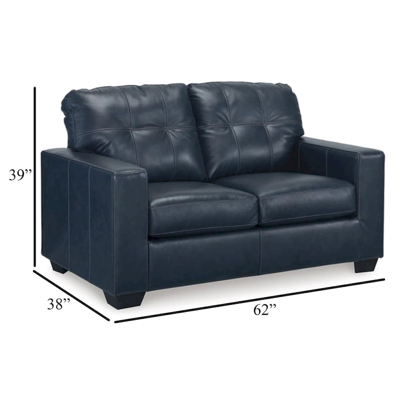Orion Loveseat, Ocean Blue Tufted Real and Faux Leather Seats, 62 Inch