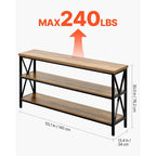 Brown Black MDF Metal Console Table, 3-Tier Long Hallway Table 240 lbs Top Load Capacity - 55.1 L x 13.4 W x 30.0 H