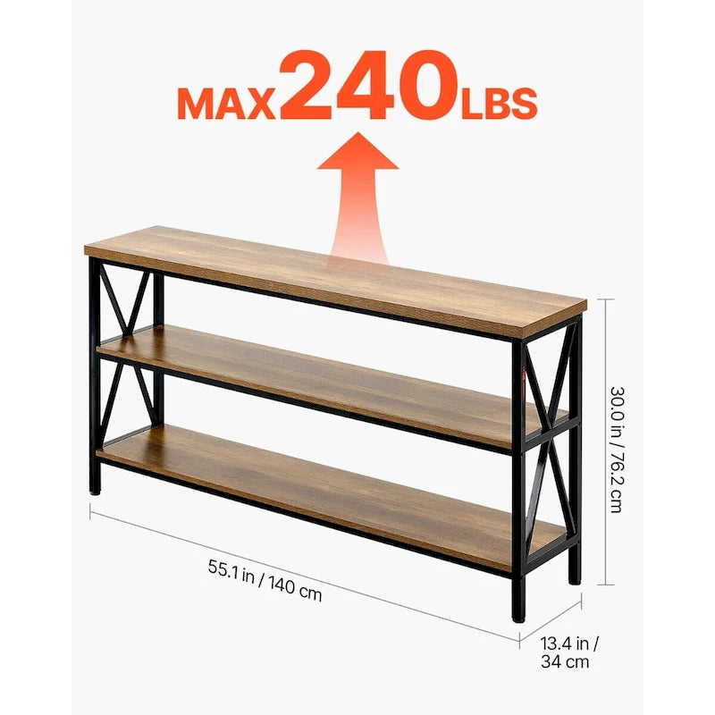 Brown Black MDF Metal Console Table, 3-Tier Long Hallway Table 240 lbs Top Load Capacity - 55.1 L x 13.4 W x 30.0 H