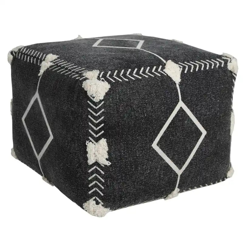 18 Black Cotton Geometric Pouf Ottoman for Living Room Seating and Footrest