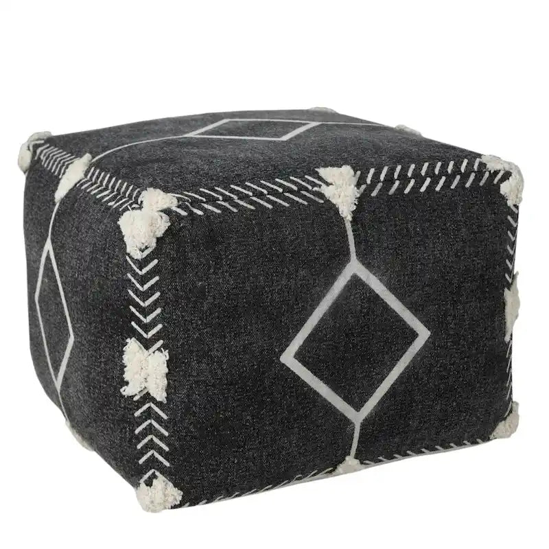 18 Black Cotton Geometric Pouf Ottoman for Living Room Seating and Footrest