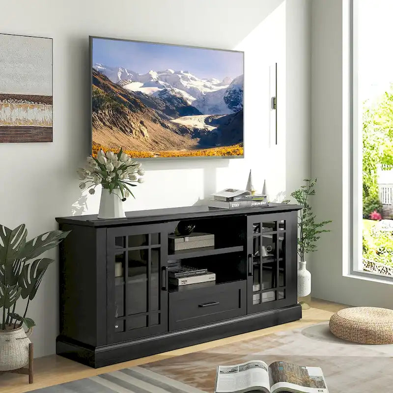 Gymax Farmhouse TV Stand for TVs up to 70 Media Center w/ Glass