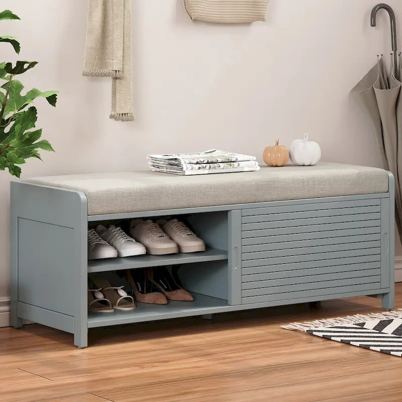 Distressed Shutter Shoe Bench with Storage & Cushion