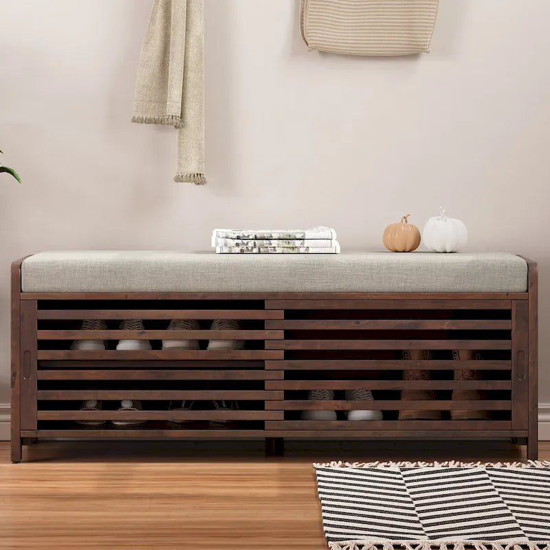 Distressed Shutter Shoe Bench with Storage & Cushion