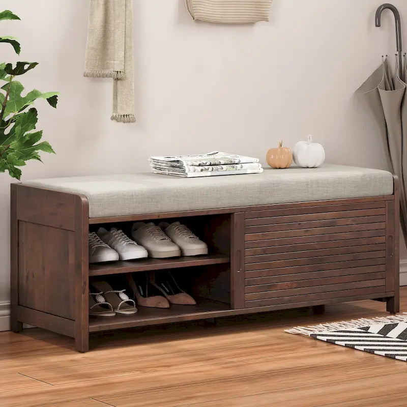 Distressed Shutter Shoe Bench with Storage & Cushion