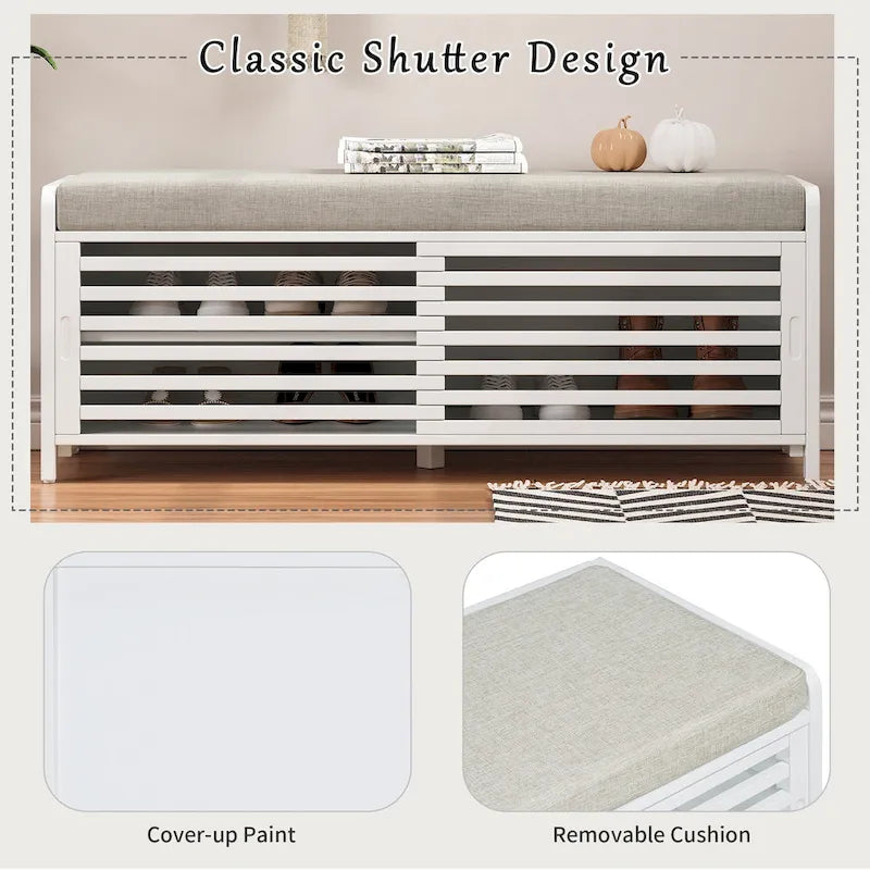 Distressed Shutter Shoe Bench with Storage & Cushion