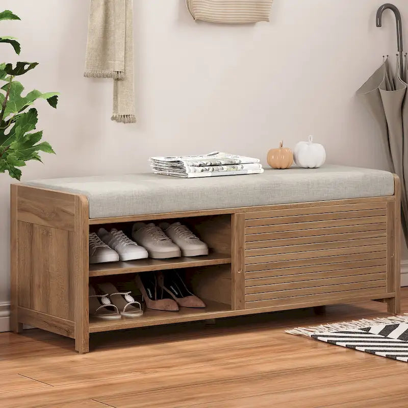 Distressed Shutter Shoe Bench with Storage & Cushion