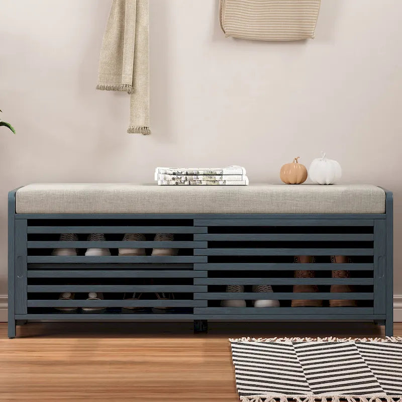 Distressed Shutter Shoe Bench with Storage & Cushion