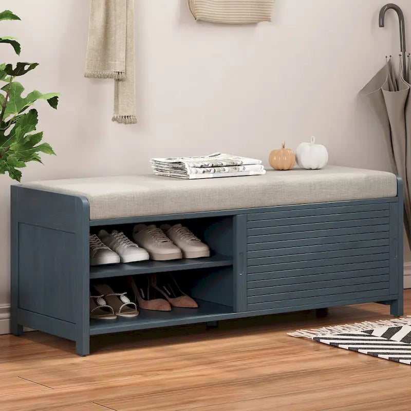 Distressed Shutter Shoe Bench with Storage & Cushion