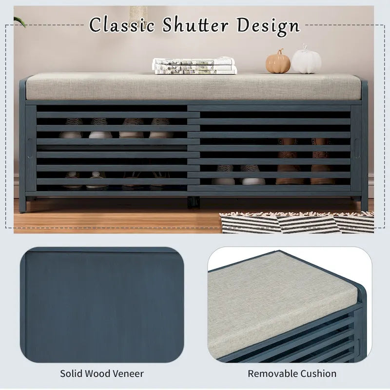 Distressed Shutter Shoe Bench with Storage & Cushion