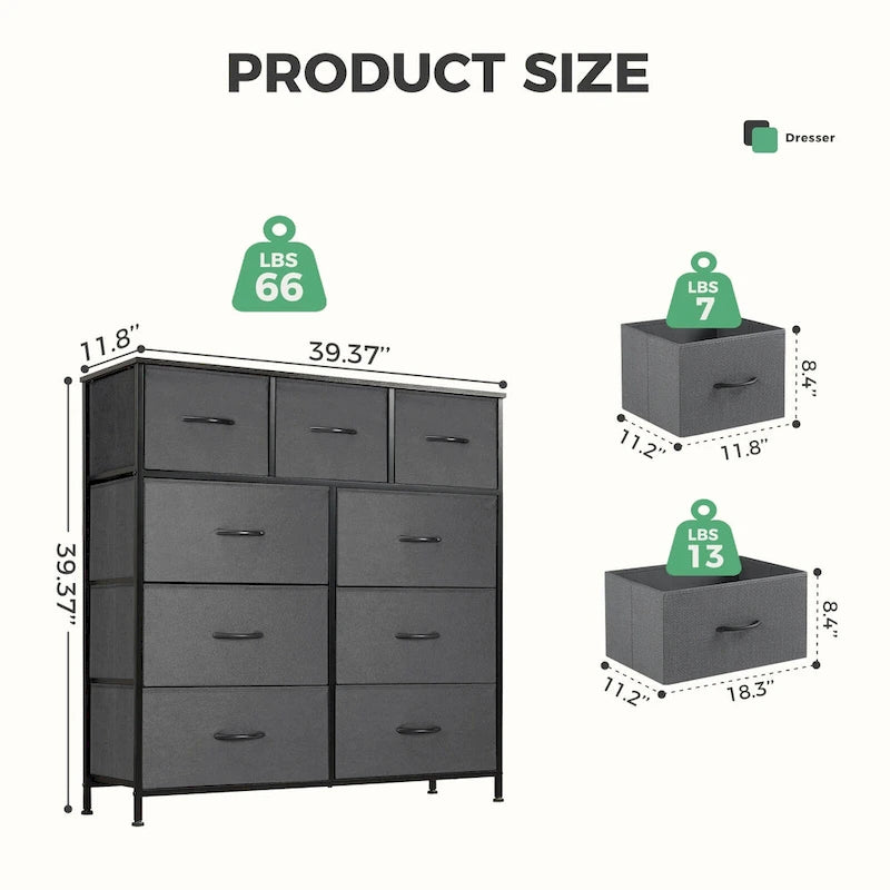 Tall Dresser Storage Tower with 9 Fabric Drawers
