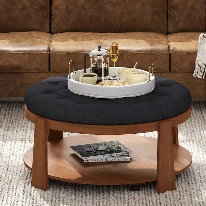 Modern Round Coffee Table 2 Tier Button Tufted Footstool with Wooden Shelf Storage Upholstered and Wheels for Living Room