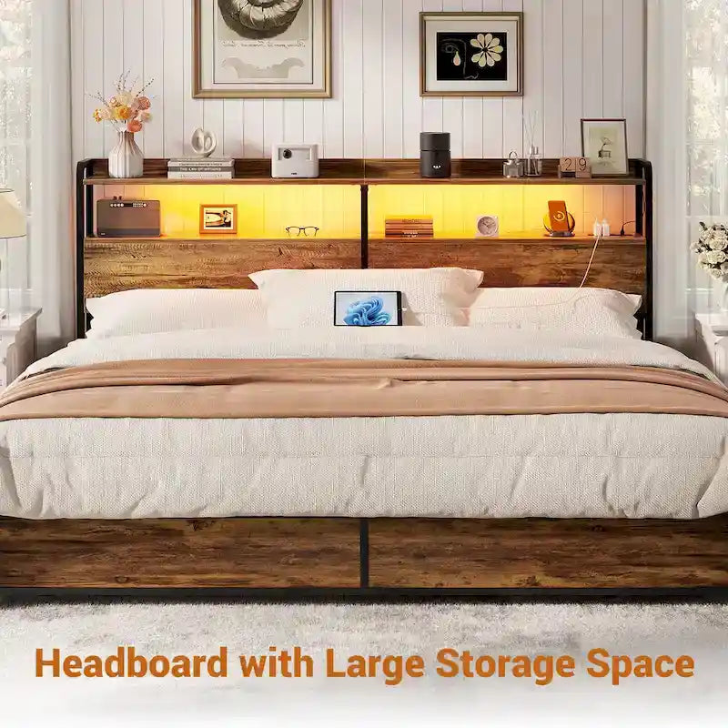 Headboard with Storage Drawers and LED Light, Head Board with Outlets, USB Ports