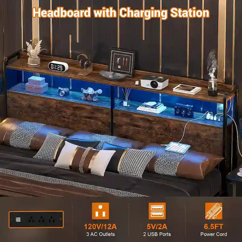 Headboard with Storage Drawers and LED Light, Head Board with Outlets, USB Ports