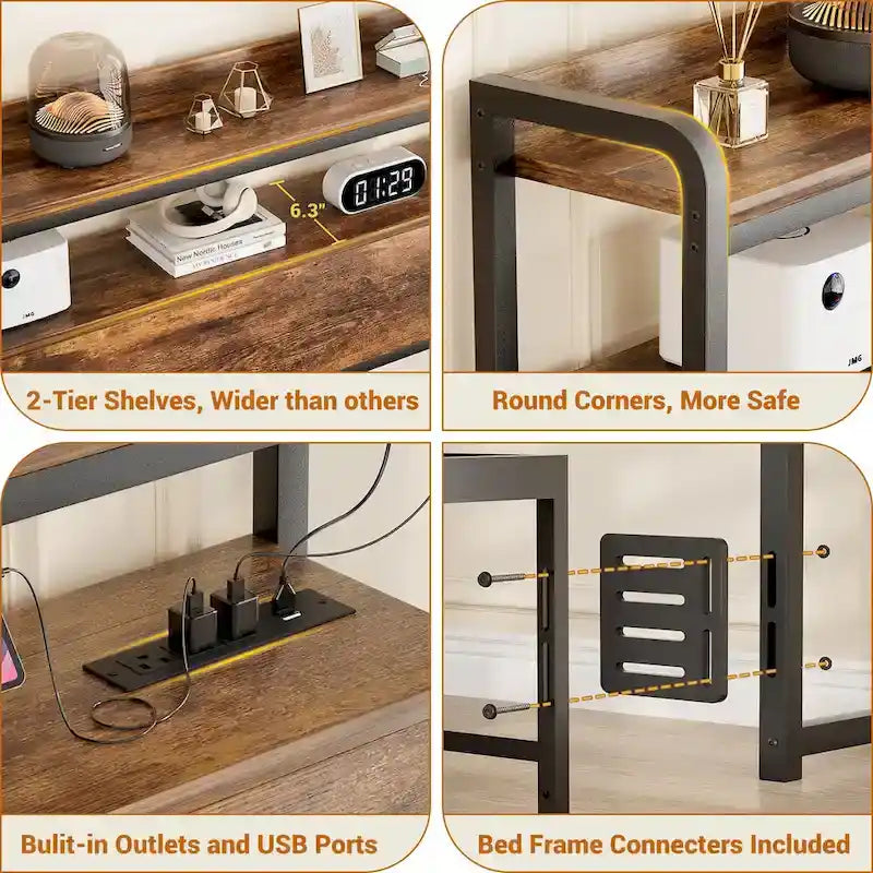 Headboard with Storage Drawers and LED Light, Head Board with Outlets, USB Ports