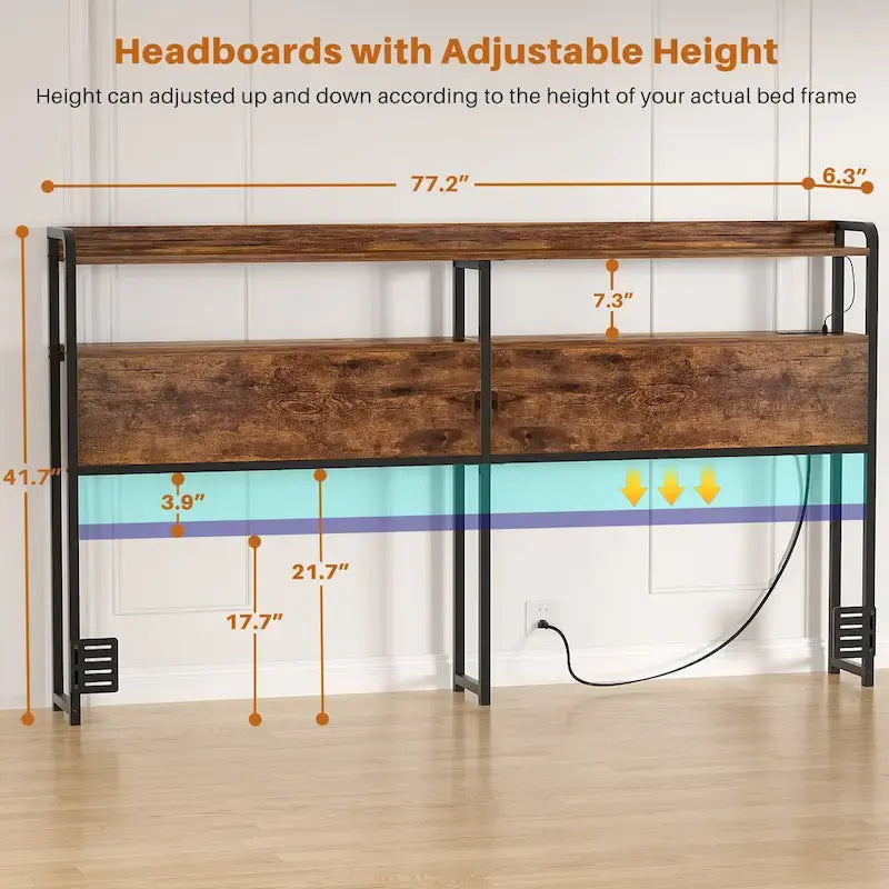 Headboard with Storage Drawers and LED Light, Head Board with Outlets, USB Ports