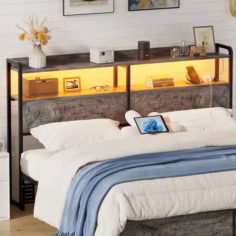 Headboard with Storage Drawers and LED Light, Head Board with Outlets, USB Ports