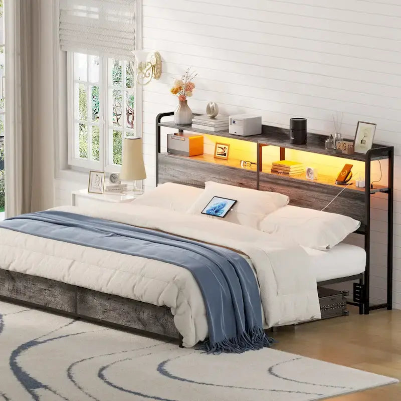 Headboard with Storage Drawers and LED Light, Head Board with Outlets, USB Ports