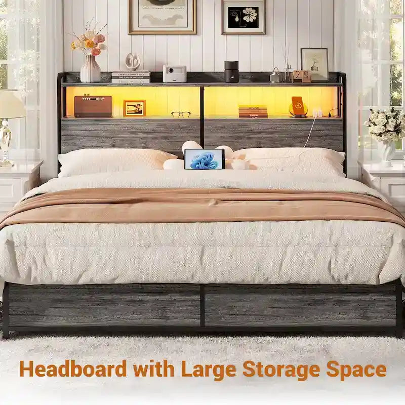 Headboard with Storage Drawers and LED Light, Head Board with Outlets, USB Ports