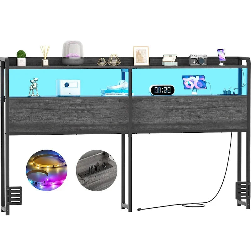 Headboard with Storage Drawers and LED Light, Head Board with Outlets, USB Ports